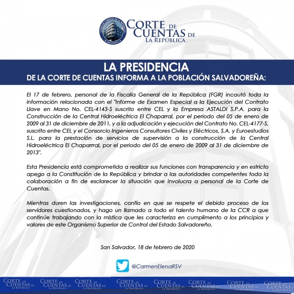 LA CORTE DE CUENTAS INFORMA A LA POBLACION SALVADORE&Ntilde;A