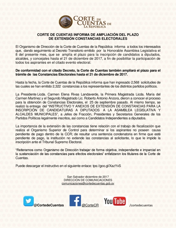 CORTE DE CUENTAS INFORMA DE AMPLIACI&Oacute;N DEL PLAZO DE EXTENSI&Oacute;N CONSTANCIAS ELECTORALES